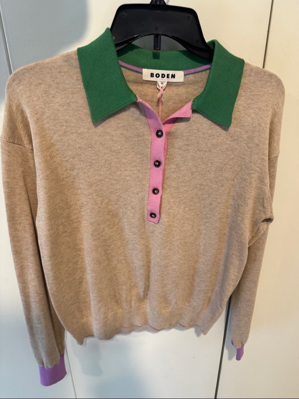 Boden Lara Relaxed Beige Polo Sweater with Green Collar and Pink Trim
